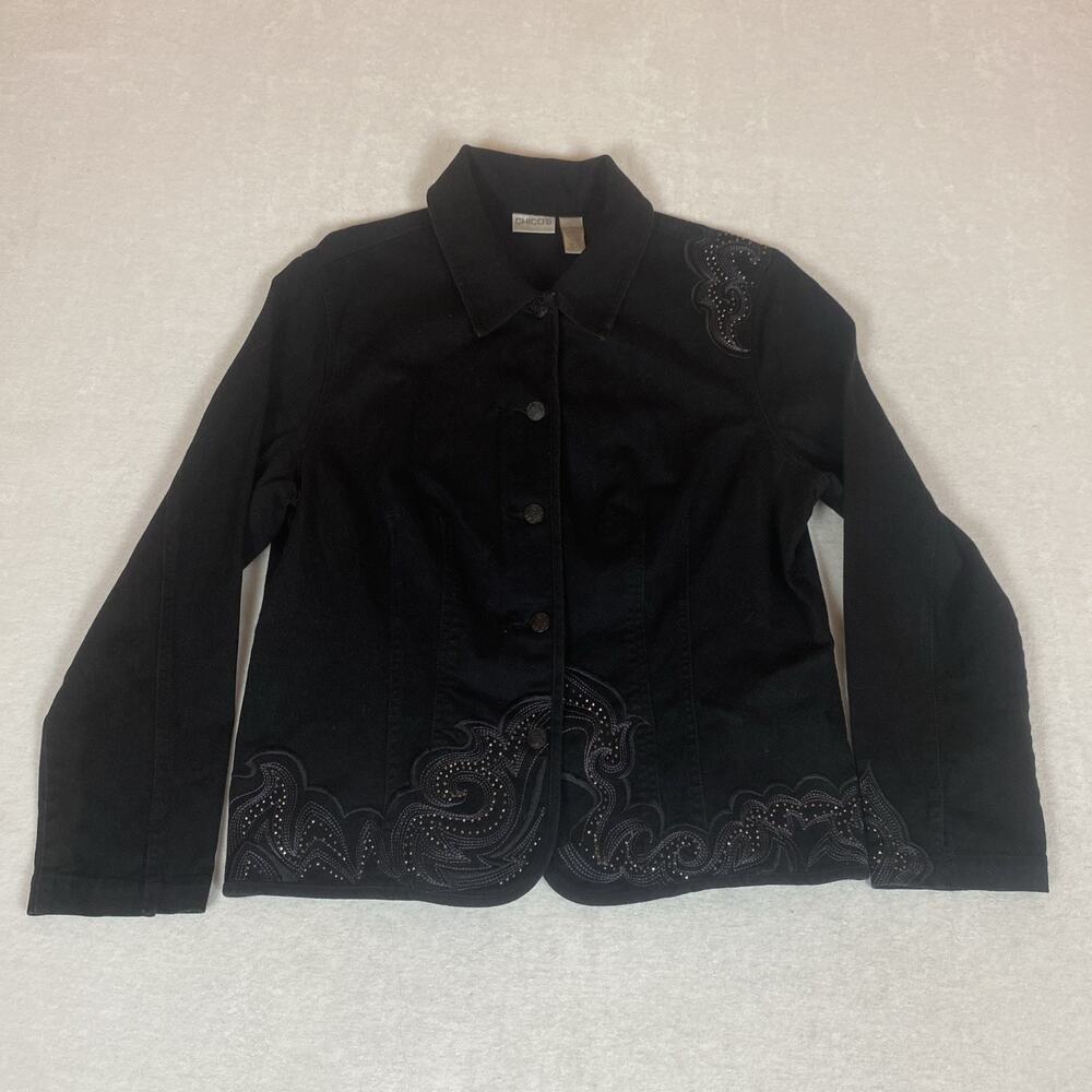 Chicos Black Embellished Jacket Beaded Paisley Button Front Dressy Womens Size 3